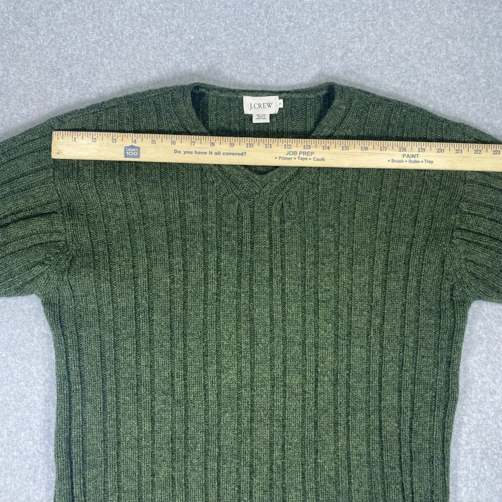 J. Crew V-Neck Sweater Mens Large Green Wool Ribbed Knit Long Sleeve Pullover
